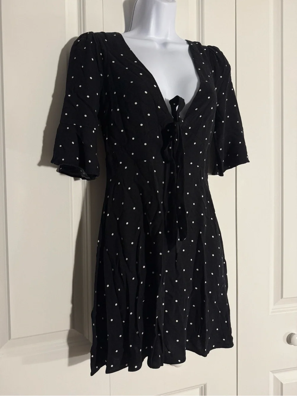 Free People Black Polka Dot Tie-Front Mini Dress